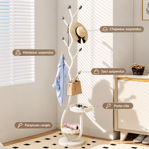 Porte-manteau arbre en métal noir avec rangement intégré