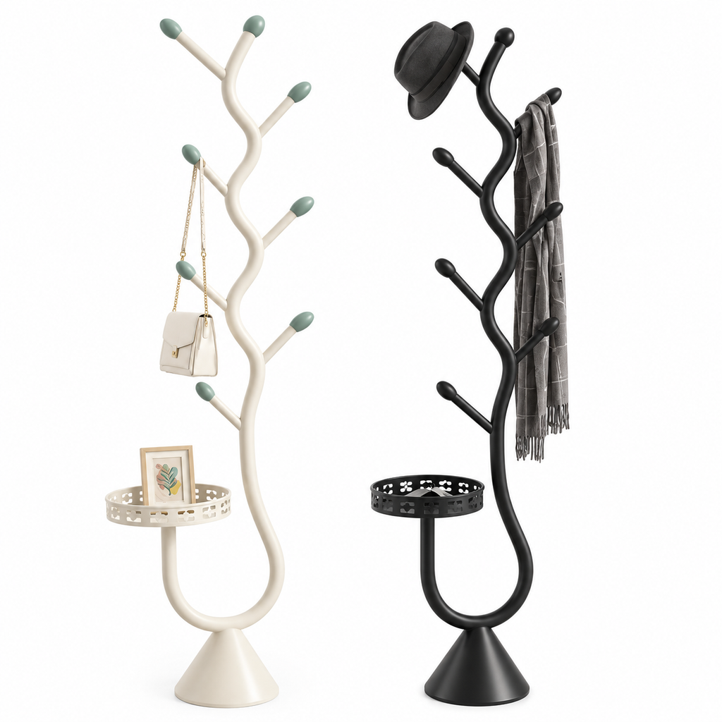 Porte-manteau arbre en métal noir avec rangement intégré