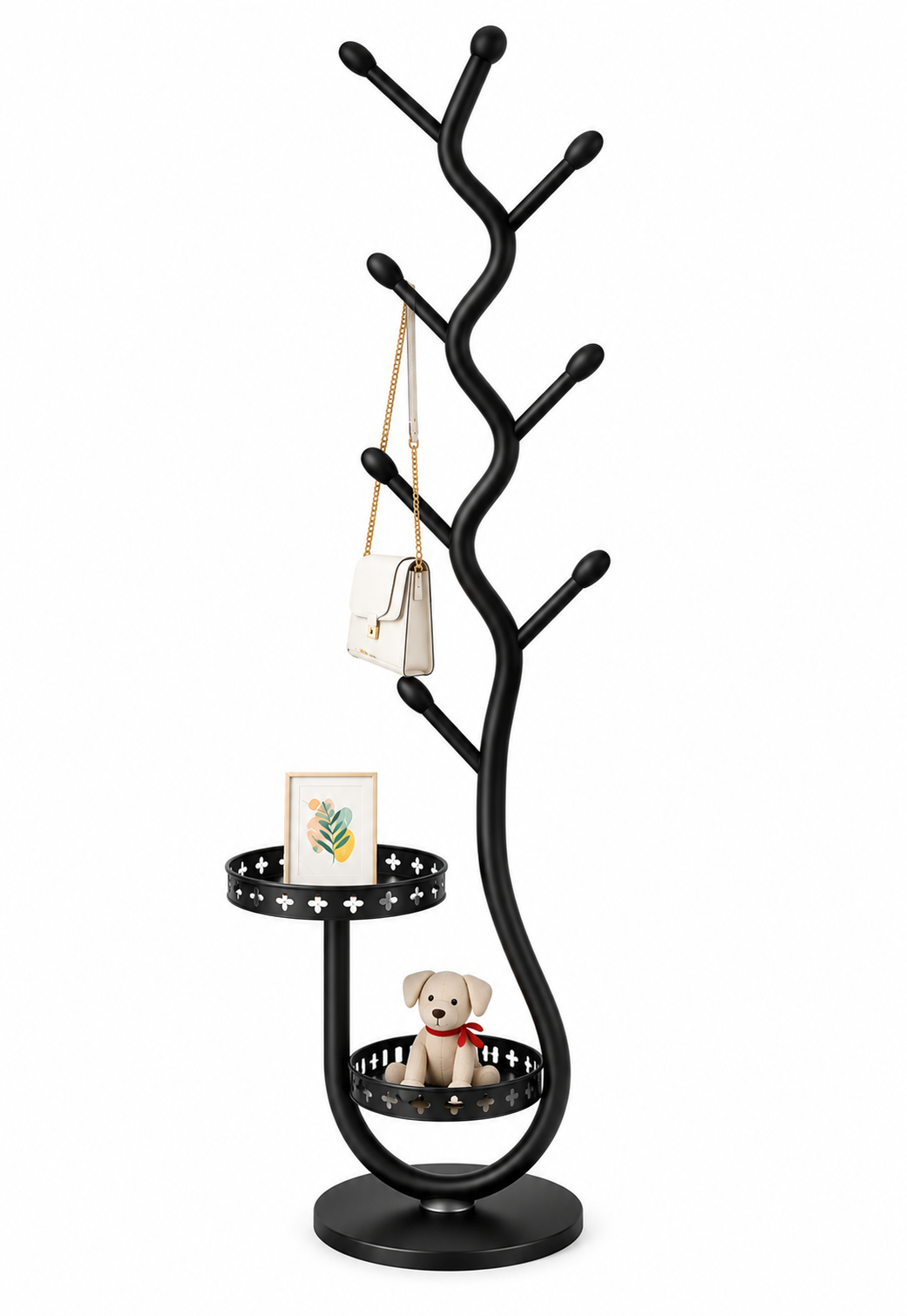 Porte-manteau arbre en métal noir avec rangement intégré